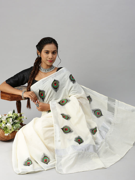 Kerala Off White Peacock Feather Design Printed Silver Jari Saree OKS03