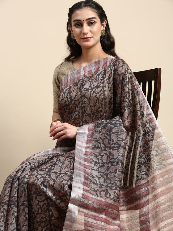 Semi Cotton Green & Brown Printed Saree SCS30