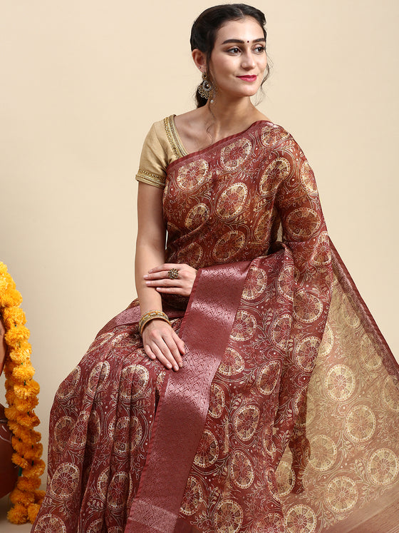 Elegant Semi Linen Flower Digital Print Maroon & Sandal Saree SL57