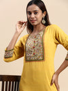 Cotton Printed Round Neck Straight Cut Mustard Kurti PK30