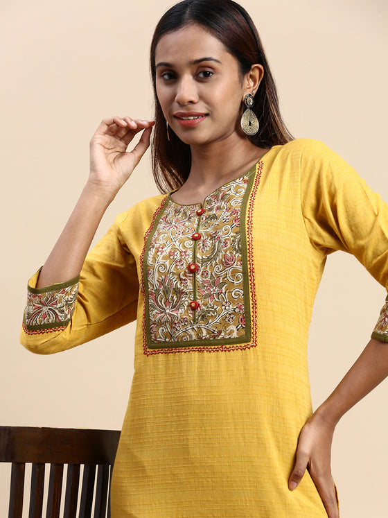 Cotton Printed Round Neck Straight Cut Mustard Kurti PK30