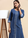 Cotton Printed Round Neck Straight Cut Navy Kurti PK31