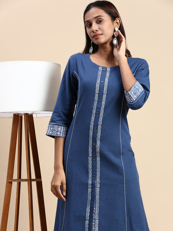 Cotton Printed Round Neck Straight Cut Navy Kurti PK31