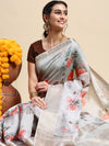 Semi Organza Grey Flower Printed with Jari Border Saree SOS02