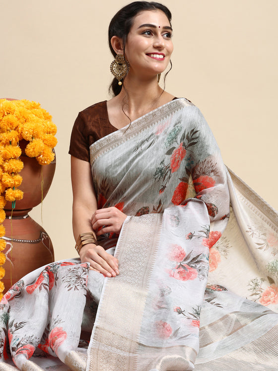 Semi Organza Grey Flower Printed with Jari Border Saree SOS02