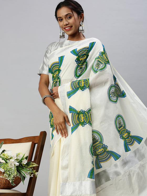 Kerala Off White Kathakali Doll Design Printed Silver Jari Saree OKS07
