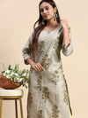 Cotton Green & Grey Round Neck Straight Cut Printed Kurti PK33
