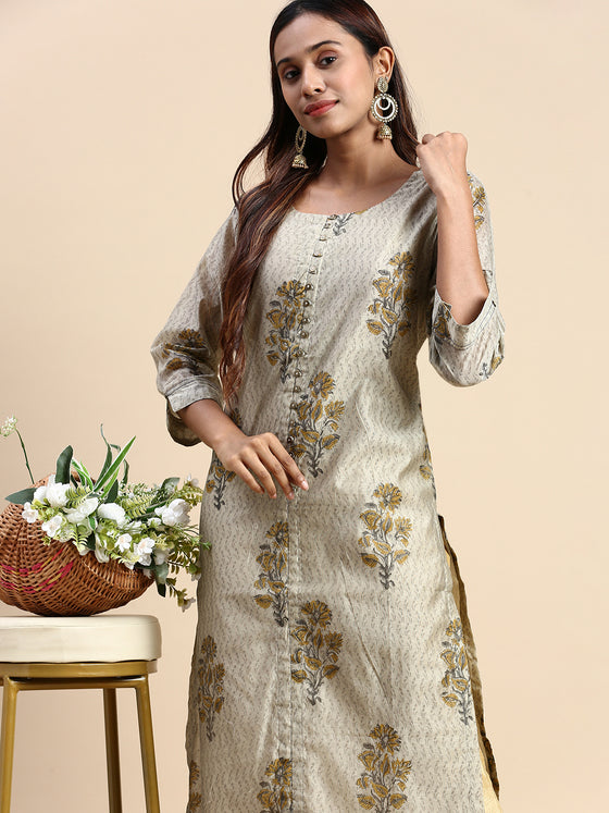Cotton Green & Grey Round Neck Straight Cut Printed Kurti PK33