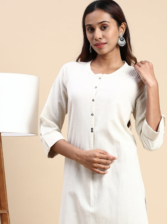 Cotton Plain Round Neck Straight Cut Off White Kurti CPK09