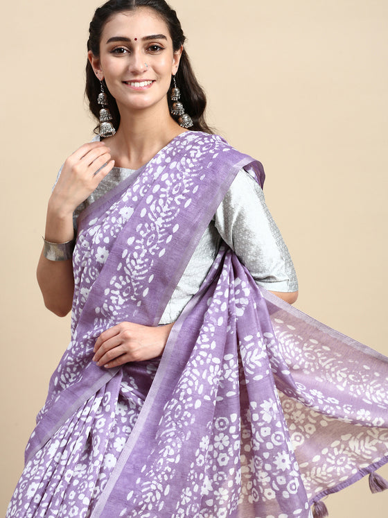 Elegant Semi Linen Flower Digital Print Lavender & White Saree SL64