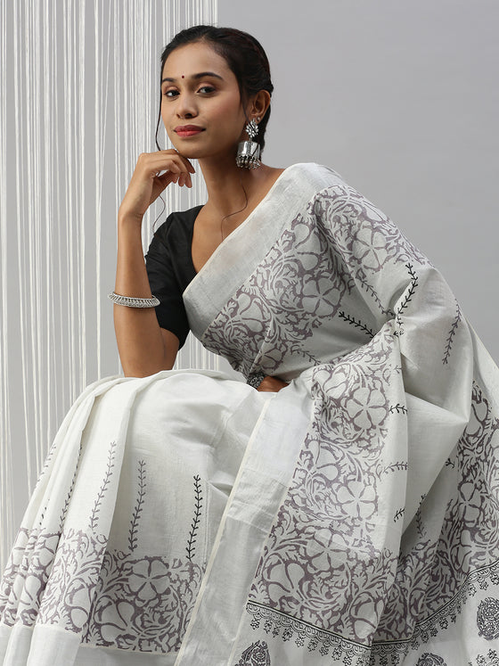 Kerala Tissue Printed Silver Jari Border Saree OKS34 Onam Collection