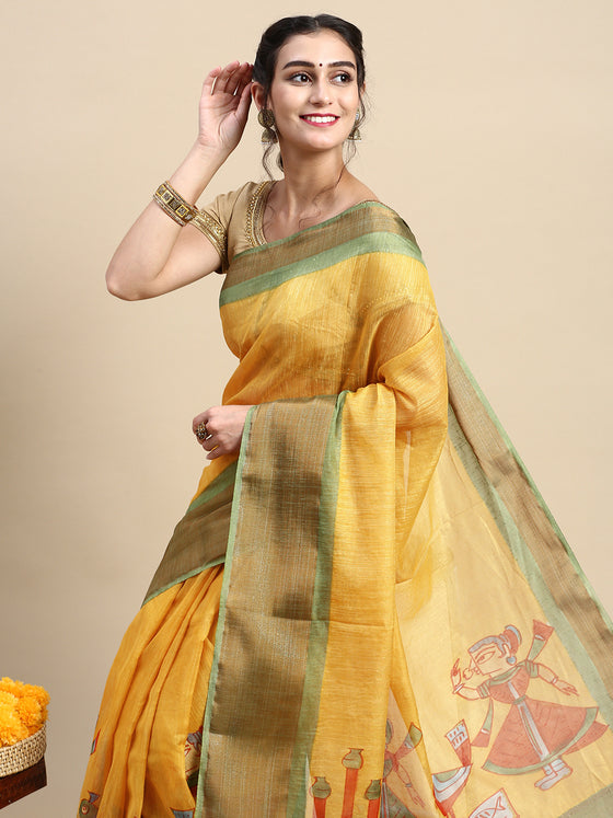 Elegant Semi Linen Yellow & Green Saree SL49