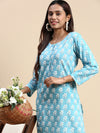 Cotton Flower Printed Round Neck Straight Cut Blue Kurti PK27