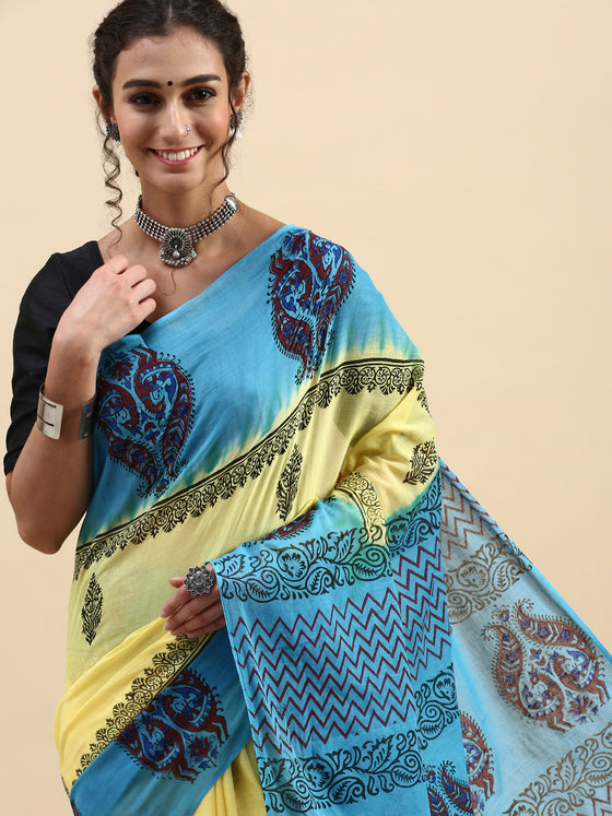 Semi Cotton Printed Saree Yellow and Blue SCS12