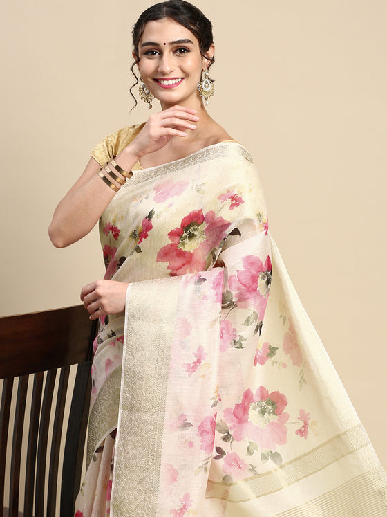 Semi Organza Peach and Pink Flower Printed with Jari Border Saree SOS04