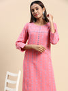 Cotton Embroidered Round Neck Straight Cut Pink Kurti EK40