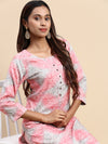 Cotton Pink & Grey Round Neck Straight Cut Printed Kurti PK32
