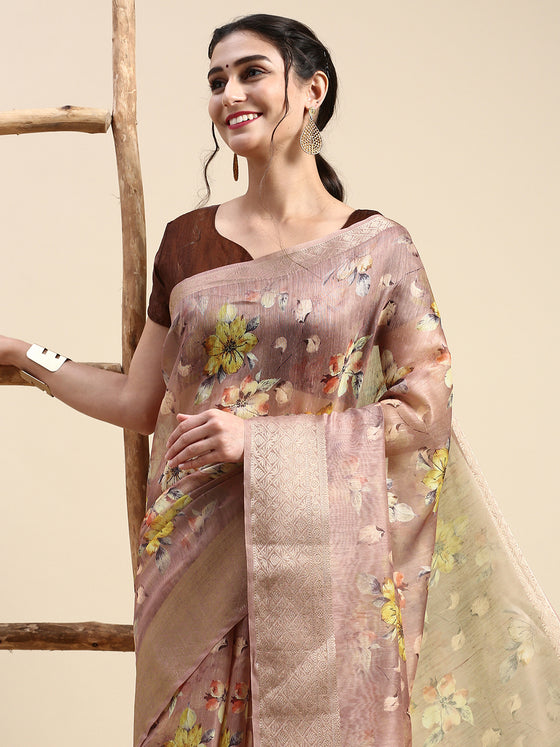 Semi Organza Brown and Sandal Flower Printed with Jari Border Saree SOS01