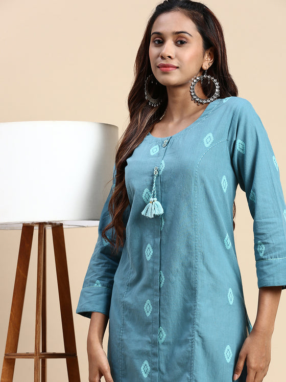 Cotton Embroidered Round Neck Straight Cut Greenish Blue Kurti EK29
