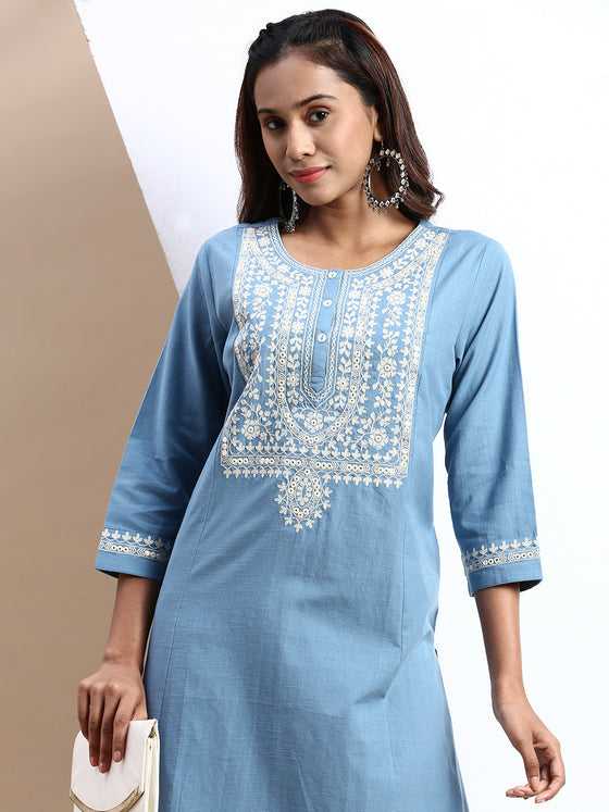 Cotton Embroidered Round Neck Straight Cut Blue Kurti EK26