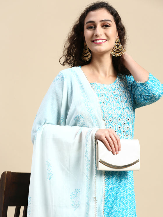 Beautiful Sky Blue with White Printed & Embroidered Kurti Set PKS04