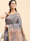 Stylish Copper Jari Grey Semi Kora Cotton Saree SK97
