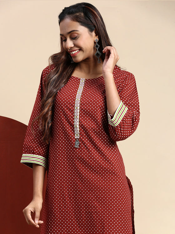 Cotton Printed Round Neck Straight Cut Brown Kurti PK29