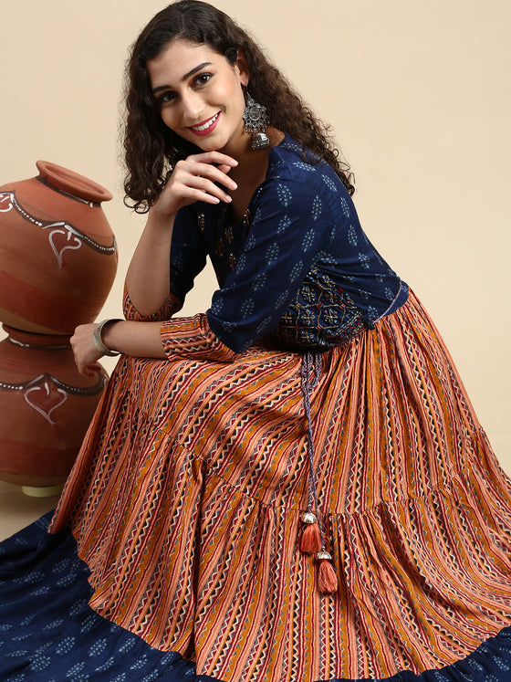 Elegant Embroidered and Printed Navy & Pink Umbrella Kurti EK21