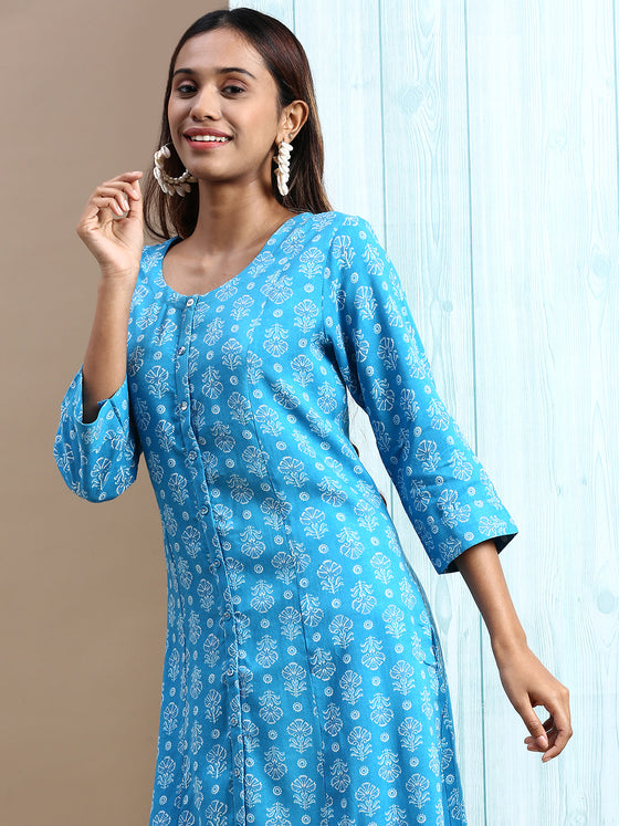 Cotton Flower Printed Round Neck Straight Cut Blue Kurti PK28