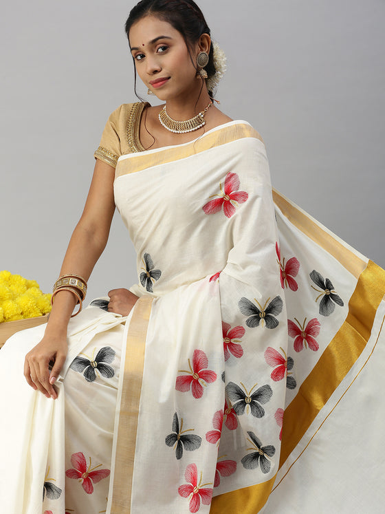 Kerala Cream Colorful Butterfly Embroidery Saree with Gold Zari Border KS83