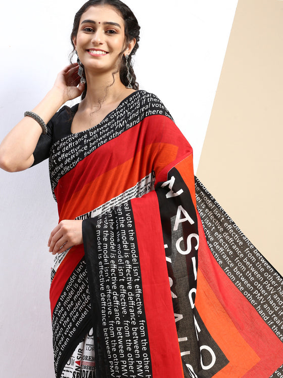 Elegant Red & Black Printed Pure Cotton Saree PCS55