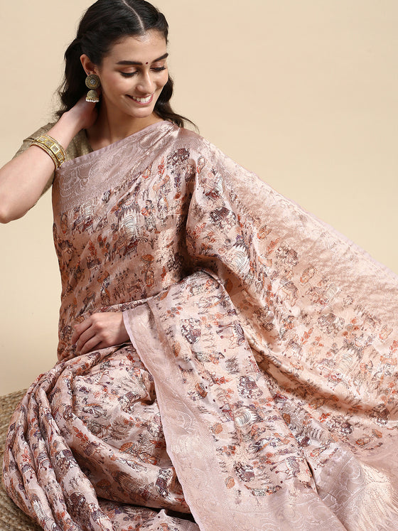 Elegant Dola Silk Pink Digital Print with Jari Border Sarees DS06