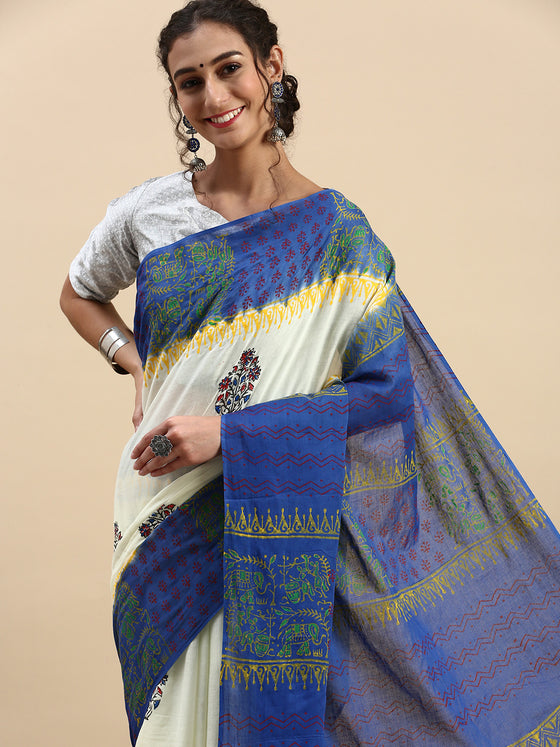 Semi Cotton Printed Saree White and Blue SCS11