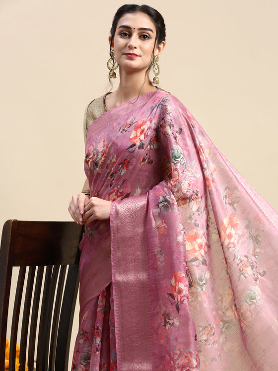 Semi Organza Lavender and Orange Flower Printed with Jari Border Saree SOS05