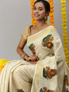 Kerala Tissue Krishna with Flute Printed Gold Jari Border Saree OKS37 Onam Collection