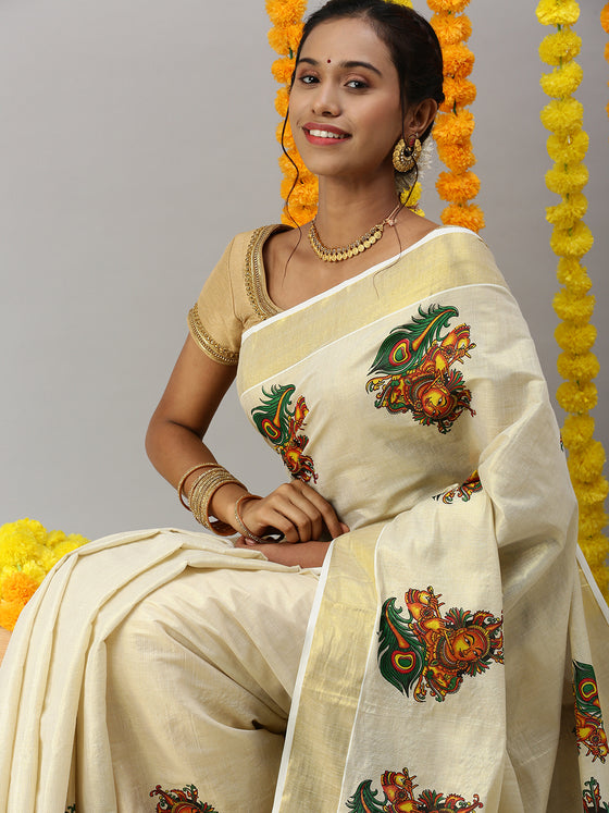 Kerala Tissue Krishna with Flute Printed Gold Jari Border Saree OKS37 Onam Collection