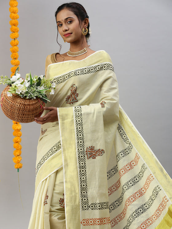Kerala Tissue Printed Gold Jari Border Saree OKS27 Onam Collection