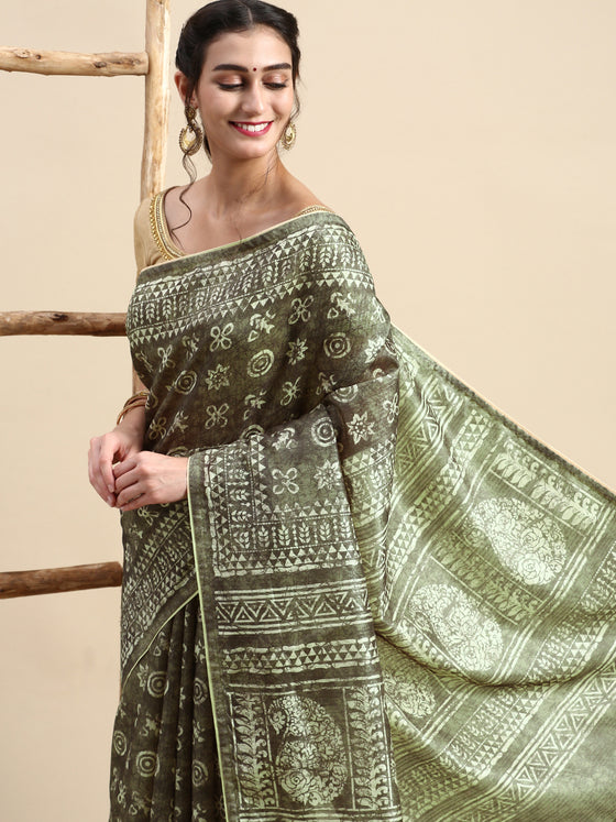 Semi Cotton Green and Sandal Flower Printed Saree SCS24