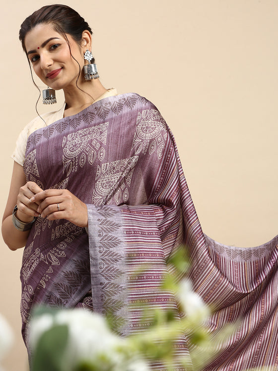 Semi Tussar Purple & Sandal Flower Embroidery Saree ST93