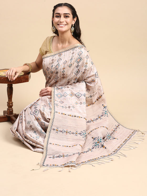 Semi Tussar Pink & Sandal Mixed Embroidery Saree ST89