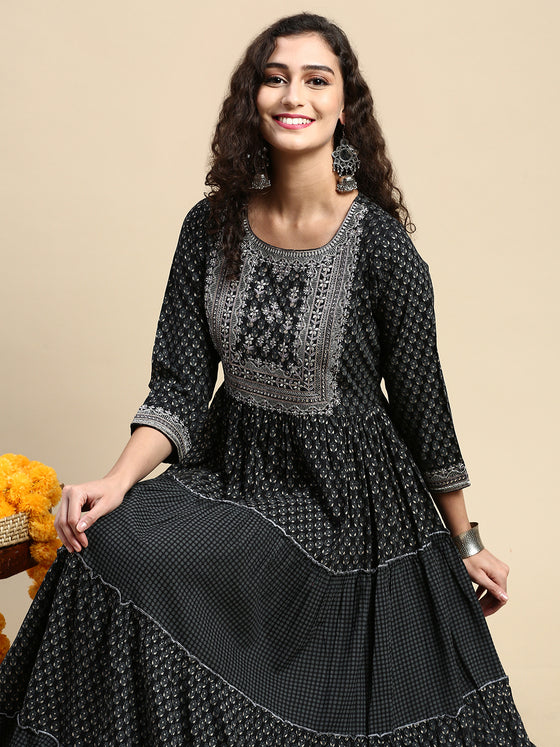 Elagent Embroidered and Printed Black Umbrella Kurti EK17