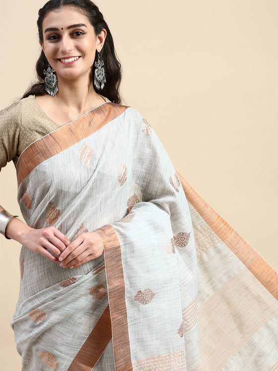Gorgeous Semi Linen Gray Butta Printed Embroidery Saree SLPE08