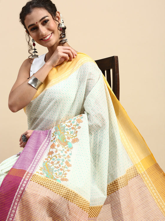 Semi Cotton Printed Saree Sandal and Purple SCS06