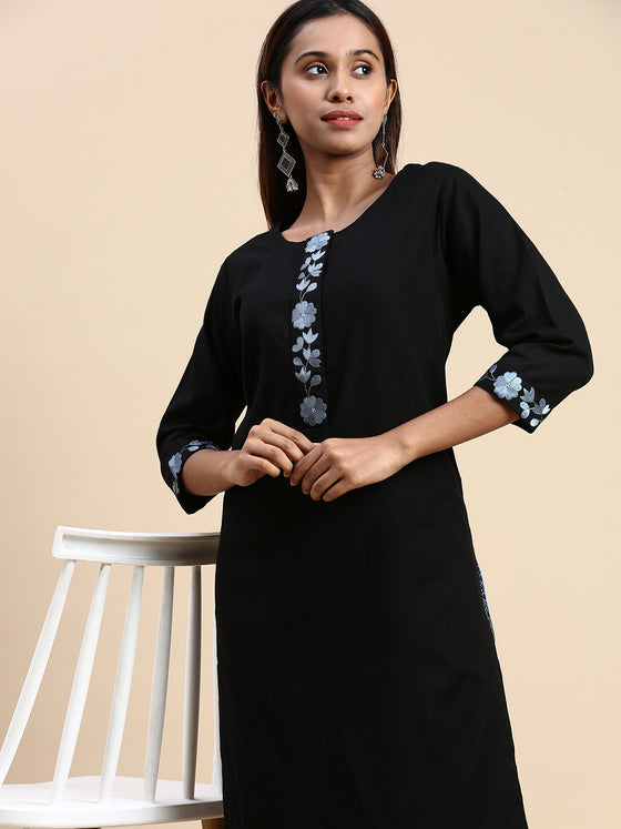 Cotton Embroidered Round Neck Straight Cut Black & Blue Kurti Set EKS01