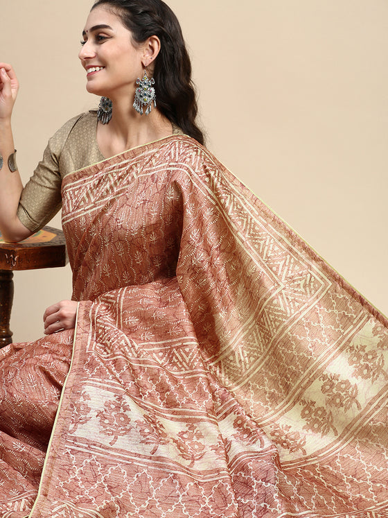 Semi Cotton Brown and Sandal Flower Printed Saree SCS22