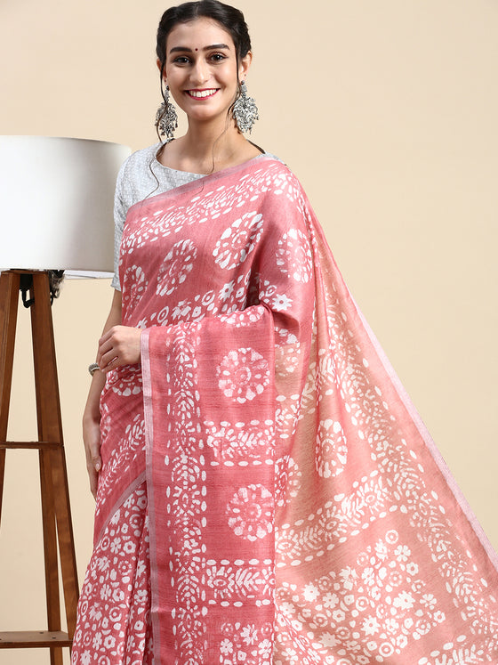 Elegant Semi Linen Flower Digital Print Pink & White Saree SL66