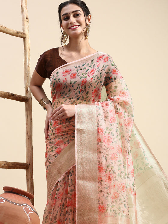 Elegant Semi Linen Flower Digital Light Pink Saree SL62