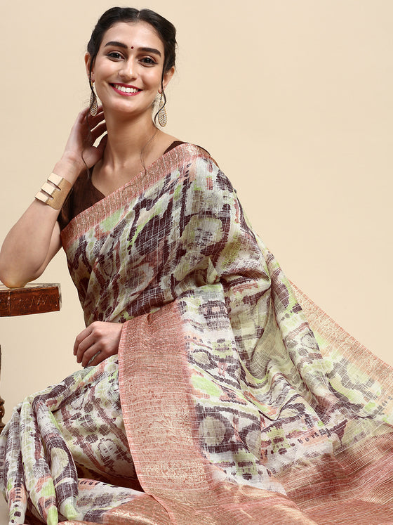 Elegant Semi Linen Flower Digital Brown & Sandal Saree SL59