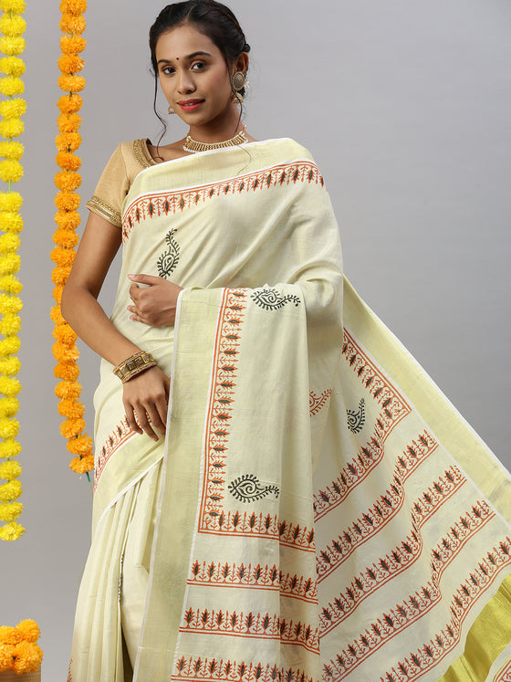 Kerala Tissue Printed Gold Jari Border Saree OKS26 Onam Collection