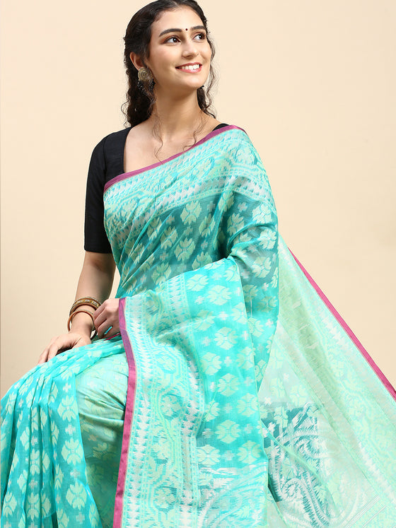 Stylish Flower Design Green & Blue Semi Kora Cotton Saree SK94